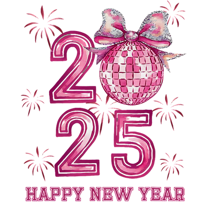 Celebrate the arrival of 2025 with this festive New Year design featuring a sparkling disco ball and fireworks in vibrant pink!DTF Transfersdtf regular irondtf regular iron