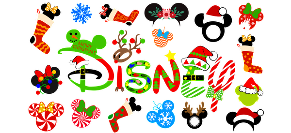 Celebrate the holiday season with this festive Disney-themed graphic featuring colorful Christmas icons and cheerful designs!UV Transfers