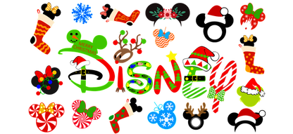 Celebrate the holiday season with this festive Disney-themed graphic featuring colorful Christmas icons and cheerful designs!UV Transfers