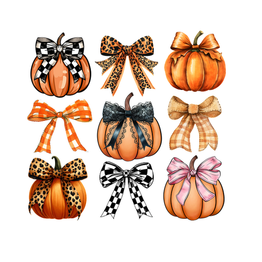 A cheerful collection of pumpkins adorned with various stylish bows, showcasing autumnal colors and playful patterns perfect for seasonal decor.dtf regular iron