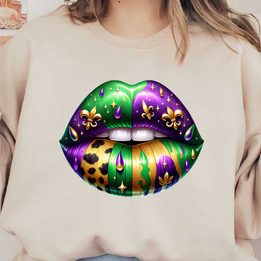 Vibrantly decorated lips showcase a dazzling Mardi Gras theme with purple, green, and gold colors, adorned by playful designs and glitter.DTF Transfers