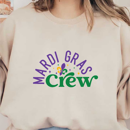 Vibrant "Mardi Gras Crew" graphic featuring colorful lettering and a playful design with festive elements, perfect for celebrations!DTF Transfers