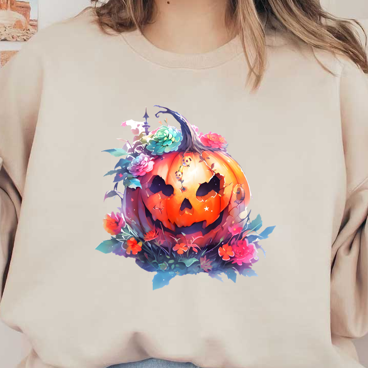 A whimsical Halloween pumpkin, beautifully adorned with colorful flowers and foliage, exuding a spooky yet enchanting charm.dtf regular iron