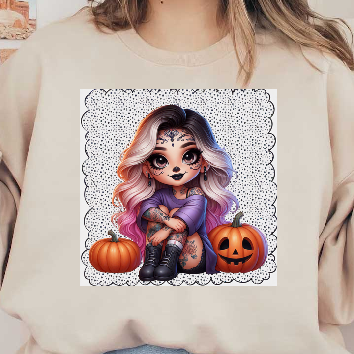 Esta encantadora ilustración presenta a una chica tatuada con un elegante cabello ombré, rodeada de divertidas linternas de Halloween, perfectas para el ambiente de Halloween.