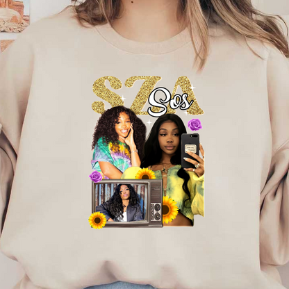 Un collage vibrante que presenta a SZA con atuendos coloridos, detalles florales y un televisor retro que muestra su estilo y presencia. Transferencias DTF