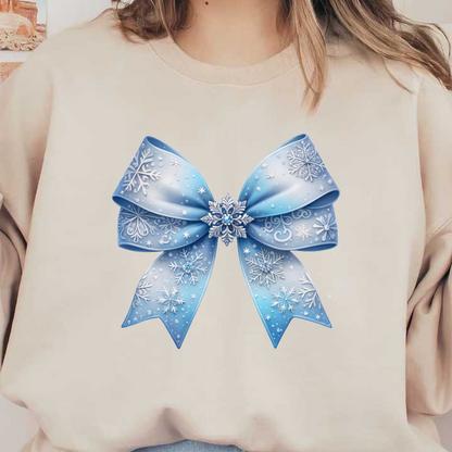 A beautiful blue bow adorned with snowflake patterns, featuring delicate detailing and a central decorative snowflake. dtf prints