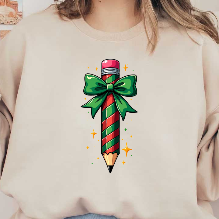 A festive pencil adorned with a green bow and red-and-green spiral stripes, perfect for holiday-themed crafts!DTF Transfers