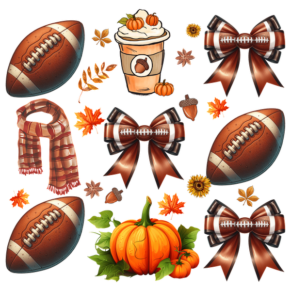 A vibrant fall-themed collage featuring footballs, a pumpkin spice drink, autumn leaves, and decorative bows, perfect for seasonal celebrations.dtf regular iron