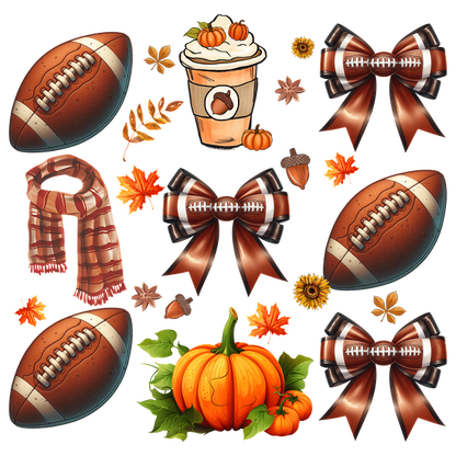 A vibrant fall-themed collage featuring footballs, a pumpkin spice drink, autumn leaves, and decorative bows, perfect for seasonal celebrations.dtf regular iron