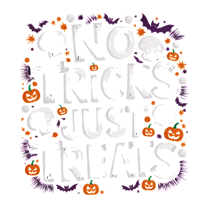 ¡Celebre Halloween con este vibrante diseño "No Tricks Just Treats", adornado con divertidas calaveras y calabazas!