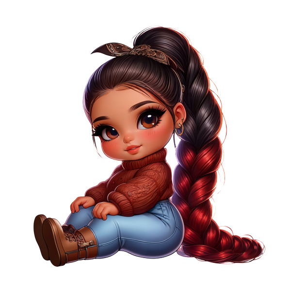 Este encantador personaje animado presenta a una niña con una trenza teñida de rojo, un suéter acogedor y jeans elegantes, que irradia energía divertida.