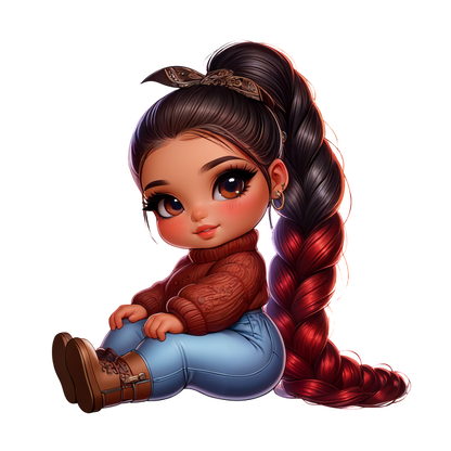 Este encantador personaje animado presenta a una niña con una trenza teñida de rojo, un suéter acogedor y jeans elegantes, que irradia energía divertida.