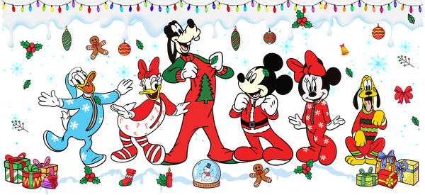 Join Mickey, Minnie, Donald, Daisy, Goofy, and Pluto in festive holiday outfits, celebrating with gifts and cheerful decorations!UV Transfers