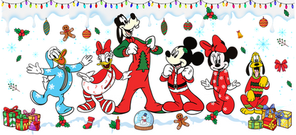 Join Mickey, Minnie, Donald, Daisy, Goofy, and Pluto in festive holiday outfits, celebrating with gifts and cheerful decorations!UV Transfers