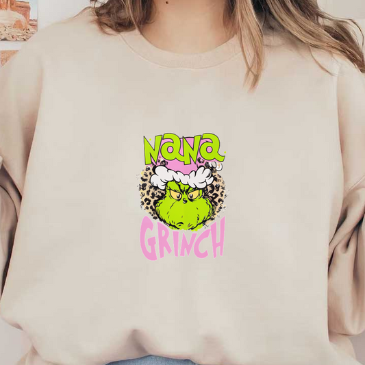 Playful Nana Grinch design featuring a stylishly green Grinch with a leopard print background, perfect for holiday spirit!DTF Transfers dtf prints