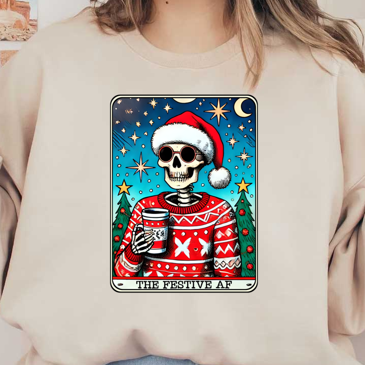 A quirky illustration featuring a skeleton in a festive sweater and Santa hat, holding a drink against a cheerful winter backdrop.dtf regular iron