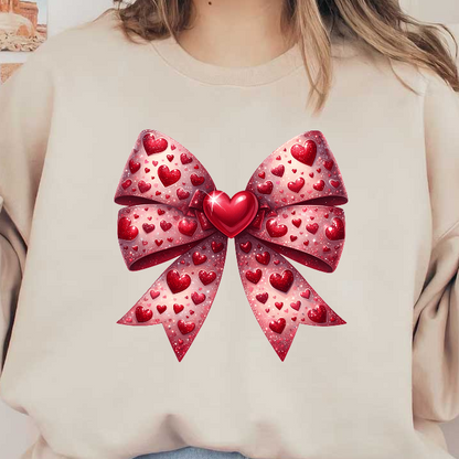 A vibrant, decorative bow adorned with shimmering hearts and a central heart, perfect for expressing love and celebration.DTF Transfers