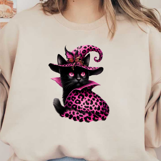 Un caprichoso gato negro con un elegante sombrero de bruja con estampado de leopardo rosa, adornado con una mariposa, que rezuma encanto y magia.