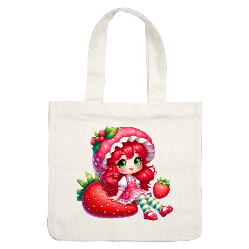 A cute character with vibrant red hair, wearing a pink dress and a strawberry-themed hat, sits on a giant strawberry.DTF Transfers