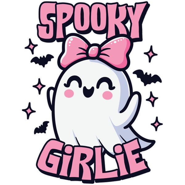 A cute ghost character with a pink bow, surrounded by bats and sparkles, featuring the text "Spooky Girlie." heat press transfers