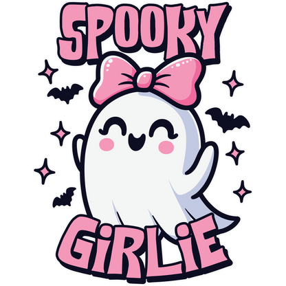 A cute ghost character with a pink bow, surrounded by bats and sparkles, featuring the text "Spooky Girlie." heat press transfers