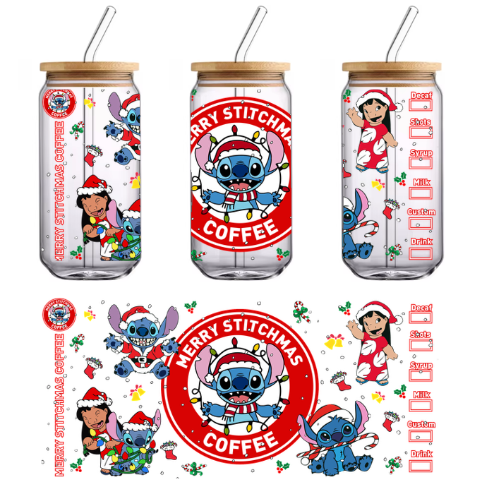 Celebrate the holidays with Merry Stitchmas Coffee, featuring adorable Stitch and friends in festive attire, perfect for seasonal cheer!UV Transfers