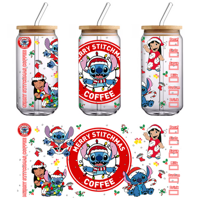 Celebrate the holidays with Merry Stitchmas Coffee, featuring adorable Stitch and friends in festive attire, perfect for seasonal cheer!UV Transfers