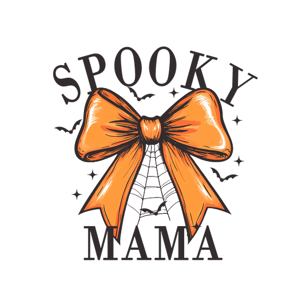 Un diseño divertido con un lazo naranja y el texto "Spooky Mama", perfecto para las celebraciones de Halloween.