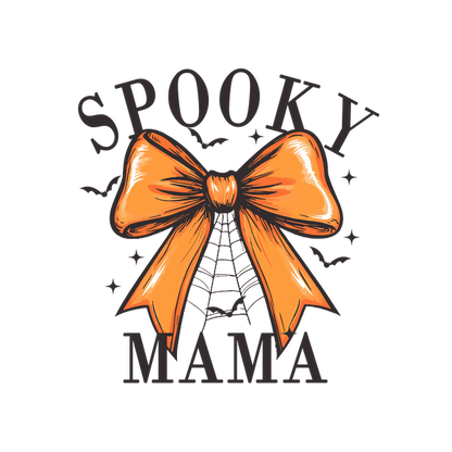 Un diseño divertido con un lazo naranja y el texto "Spooky Mama", perfecto para las celebraciones de Halloween.