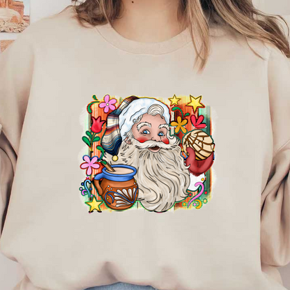 A festive illustration featuring Santa with a colorful background, surrounded by flowers, a traditional pot, and a concha pastry.DTF Transfers heat press transfers