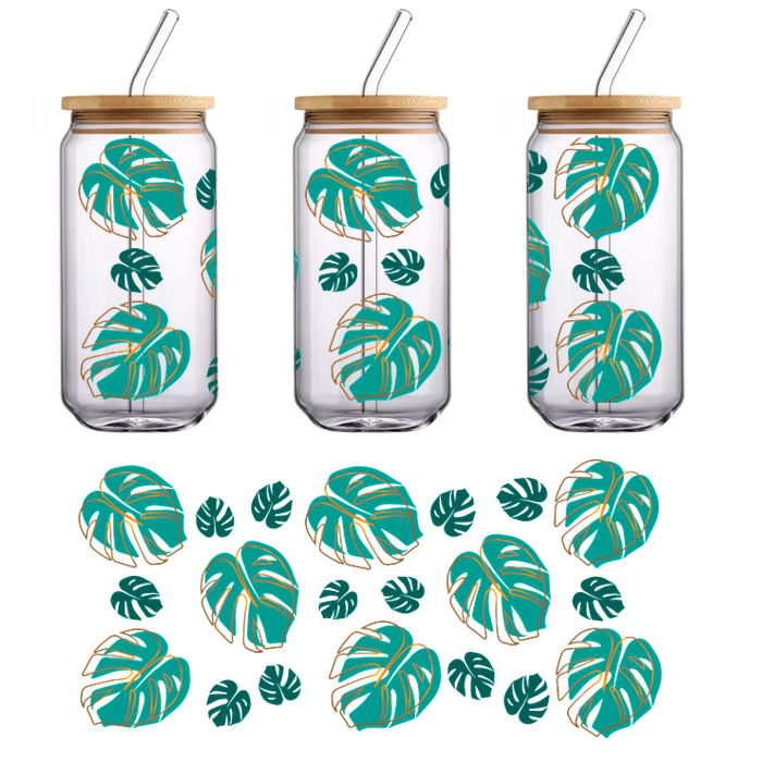 A vibrant pattern featuring tropical monstera leaves in shades of teal, perfect for adding a fresh, botanical touch.UV Transfers heat press transfers