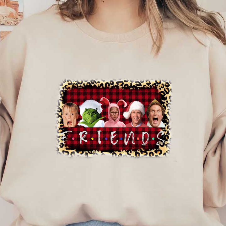 A playful design featuring five characters wearing festive costumes with the classic "F.R.I.E.N.D.S" logo on a plaid background.DTF Transfers dtf prints