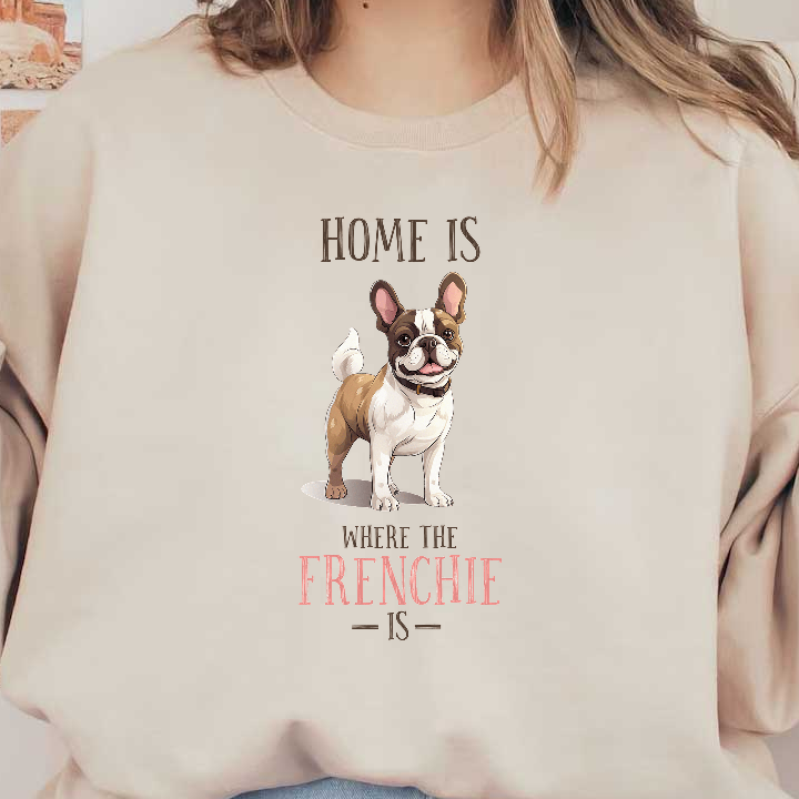 A cheerful illustration of a French Bulldog with the phrase, "Home is where the Frenchie is," highlighting its adorable charm.DTF Transfers