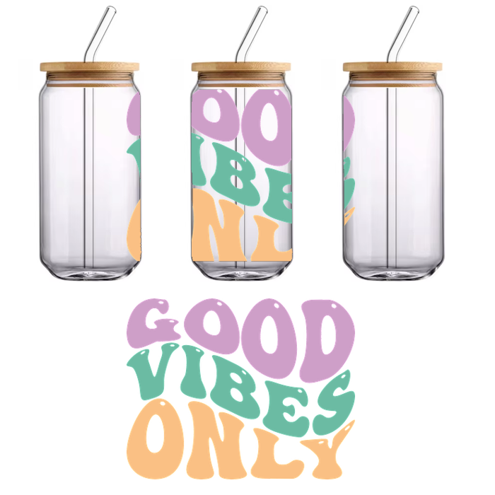 A colorful and playful graphic featuring the cheerful phrase "Good Vibes Only," perfect for spreading positivity and joy.UV Transfersdtf regular iron