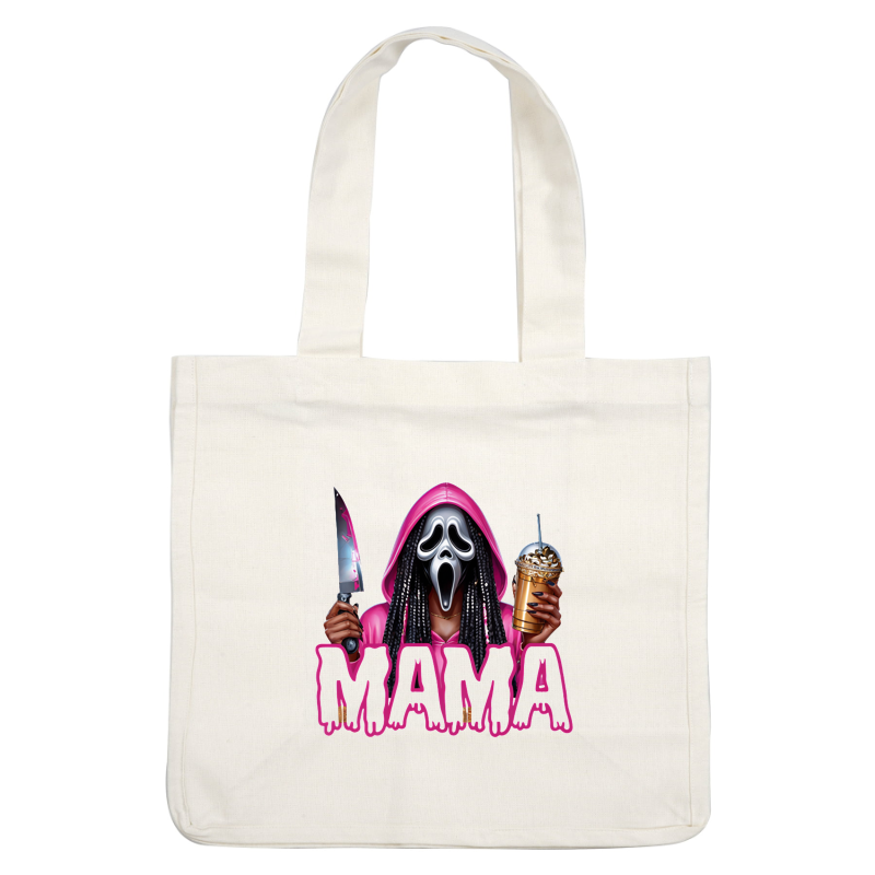 Un gráfico colorido que presenta una figura enmascarada con una sudadera con capucha rosa, sosteniendo un cuchillo y un postre, con la temática "MAMA".