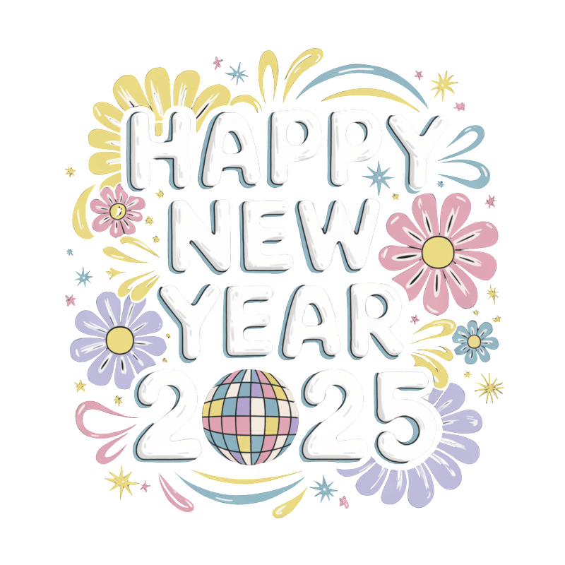 Celebrate 2025 with this colorful and cheerful "Happy New Year" design featuring vibrant flowers and a festive disco ball!DTF Transfers