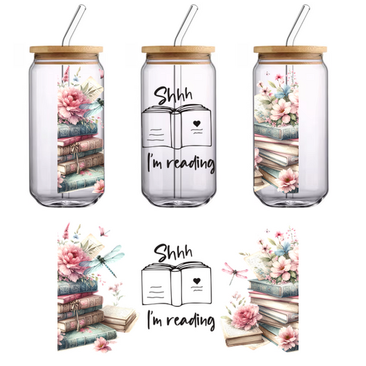 The elegant card depicts the message "shhh... I'm reading".UV Transfers