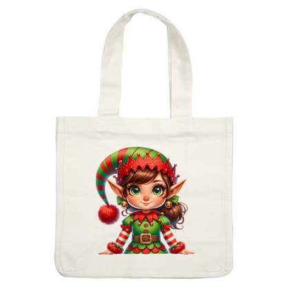 A cute, cartoon-style elf girl with vibrant green and red attire, complete with a playful hat and cheerful expression.DTF Transfersdtf regular iron