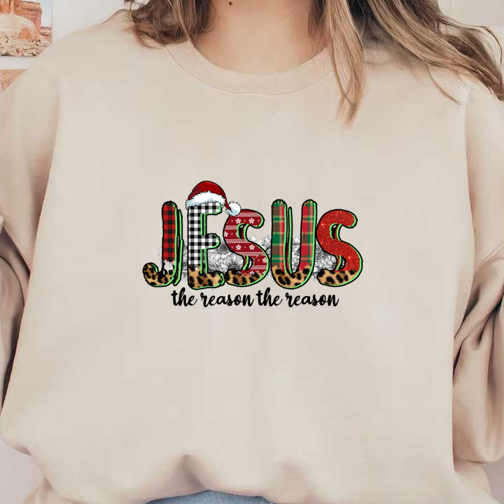 Festive "JESUS" design featuring colorful patterns, a Santa hat, and leopard print for a cheerful holiday vibe. heat press transfers