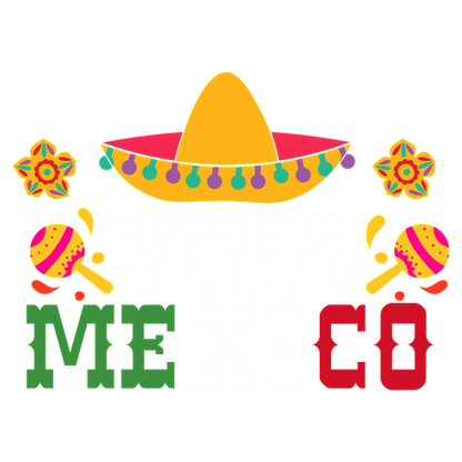 Celebrate Mexican culture with this vibrant design featuring a sombrero, maracas, and the phrase "Viva Mexico!" in bold colors. heat press transfers