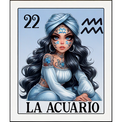 Una tarjeta de personaje bellamente ilustrada que presenta a "La Acuario", adornada con intrincados tatuajes azules y un atuendo elegante, que encarna el espíritu de Acuario.