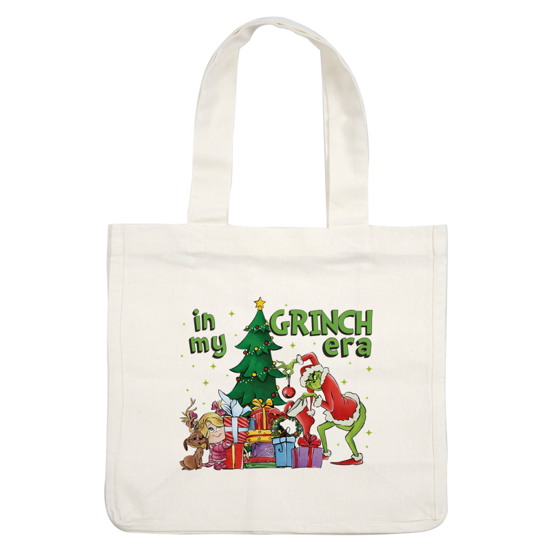 Celebrate the holiday spirit with this whimsical illustration featuring the Grinch, Christmas tree, and colorful presents!DTF Transfers heat press transfers dtf transfers