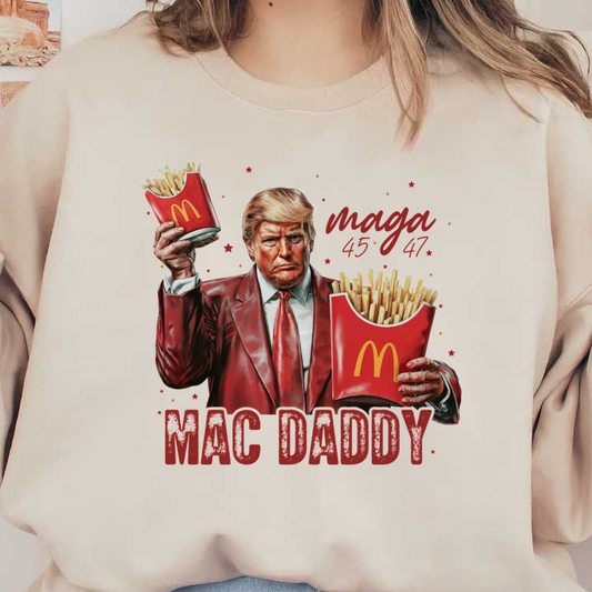 This vibrant design features a character in a red suit holding two McDonald's fries containers, playfully labeled "MAC DADDY" with a "maga" theme.DTF Transfersdtf regular iron