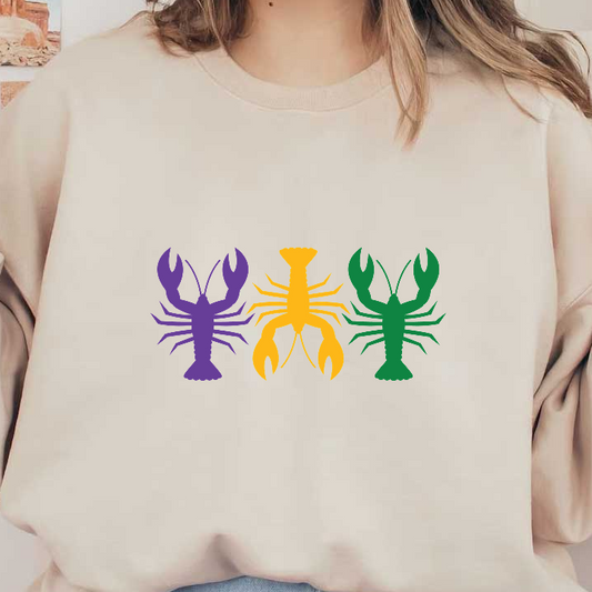 A vibrant graphic featuring three lobsters in purple, yellow, and green colors, perfect for festive occasions or seafood themes.DTF Transfers