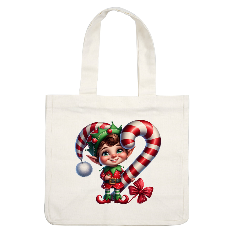 A cheerful cartoon elf in festive attire, holding a large striped candy cane, spreads holiday joy with a big smile.DTF Transfers heat press transfers