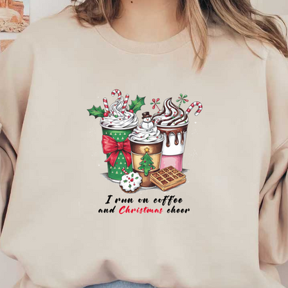 Festive holiday drinks adorned with whipped cream, candy canes, and decorations, accompanied by cookies and a waffle, perfect for Christmas! heat press transfers