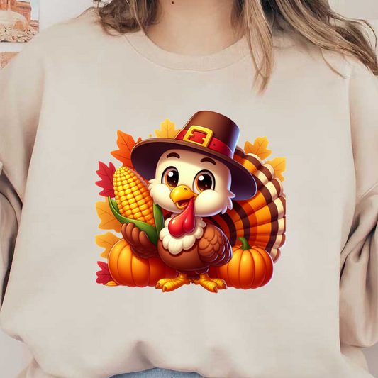 A cheerful cartoon turkey wearing a pilgrim hat, holding corn, surrounded by pumpkins and autumn leaves. Perfect for Thanksgiving! heat press transfers