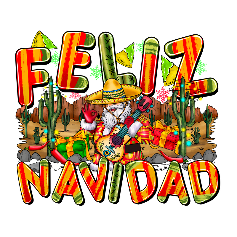 Celebrate the holidays with this vibrant “Feliz Navidad” design featuring a festive character in a sombrero, surrounded by cacti and gifts!DTF Transfers dtf transfers dtf transfers