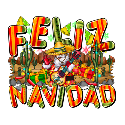 Celebrate the holidays with this vibrant “Feliz Navidad” design featuring a festive character in a sombrero, surrounded by cacti and gifts!DTF Transfers dtf transfers dtf transfers