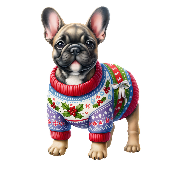 Este adorable bulldog francés está vestido con un suéter festivo y colorido adornado con patrones de acebo y copos de nieve.